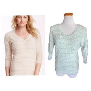 Womens Willow & Clay Mint & Silver Metallic Striped Fuzzy V Neck Sweater - Sz M